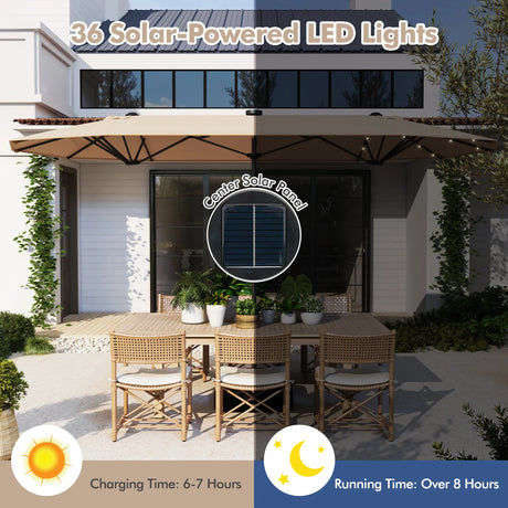 13FT Double-sided Patio Umbrella with Solar Lights for Garden Pool Backyard-Beige