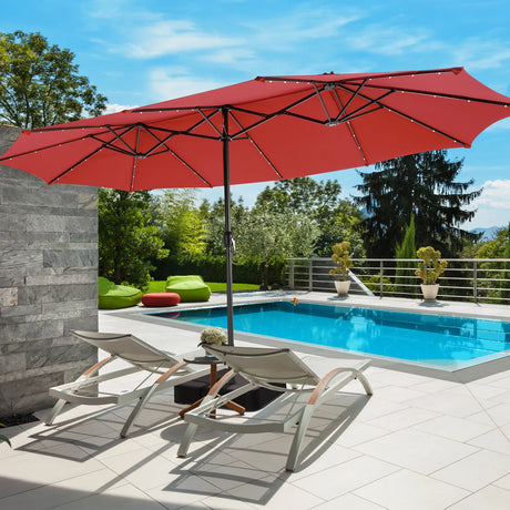 450cm Double-Sided Patio Umbrella with Solar Lights -Wine