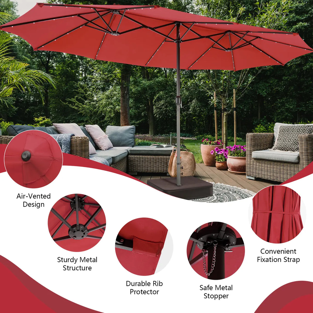 450cm Double-Sided Patio Umbrella with Solar Lights -Wine