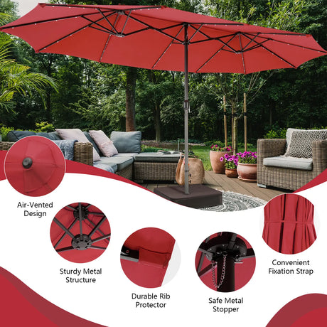 450cm Double-Sided Patio Umbrella with Solar Lights -Wine