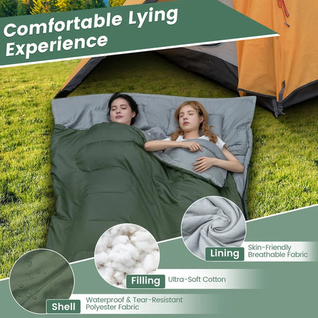 Double Sleeping Bag Extra Large Waterproof with Carrying Bag-Green