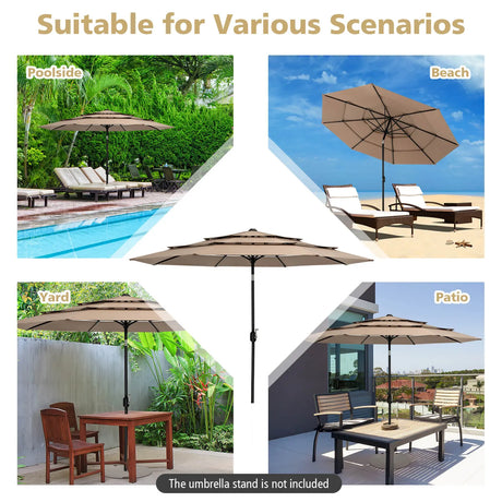 3 Meter Double Vented Outdoor Umbrella with Push Button Tilt and Manual Crank-Coffee