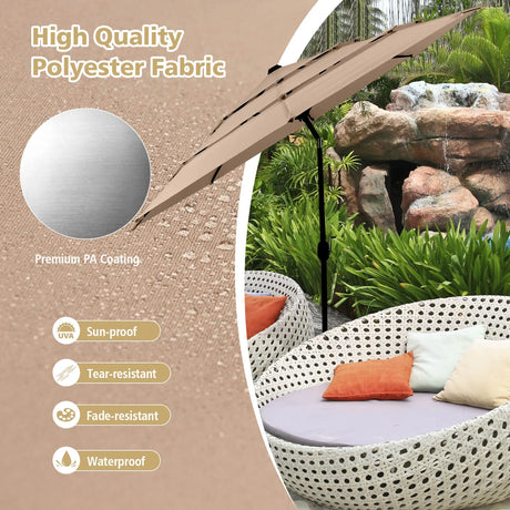 3 Meter Double Vented Outdoor Umbrella with Push Button Tilt and Manual Crank-Coffee