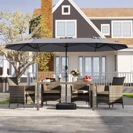 Extra Large Double-Sided Patio Umbrella Twin with Fillable Base and Crank Handle-Grey