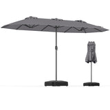 Extra Large Double-Sided Patio Umbrella Twin with Fillable Base and Crank Handle-Grey