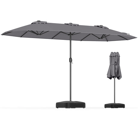 Extra Large Double-Sided Patio Umbrella Twin with Fillable Base and Crank Handle-Grey
