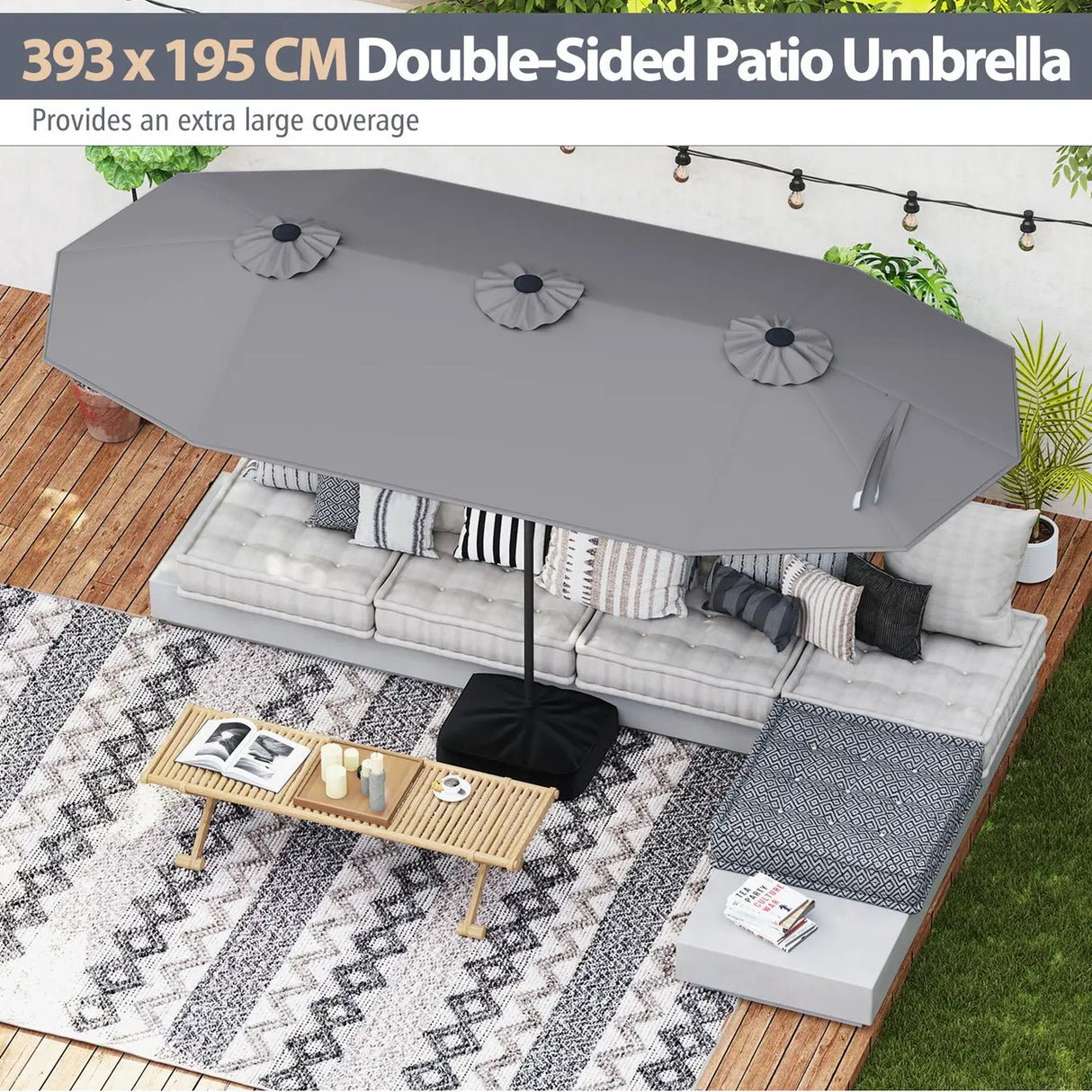 Extra Large Double-Sided Patio Umbrella Twin with Fillable Base and Crank Handle-Grey