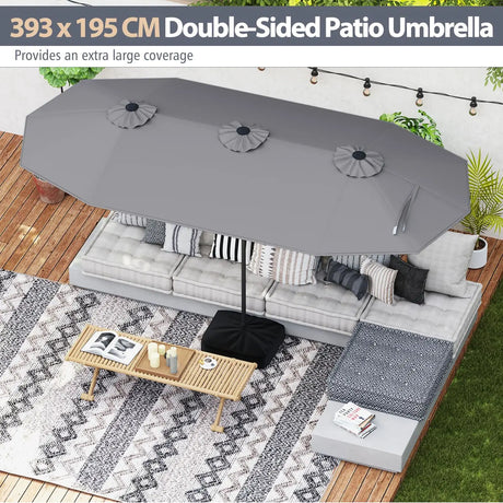 Extra Large Double-Sided Patio Umbrella Twin with Fillable Base and Crank Handle-Grey