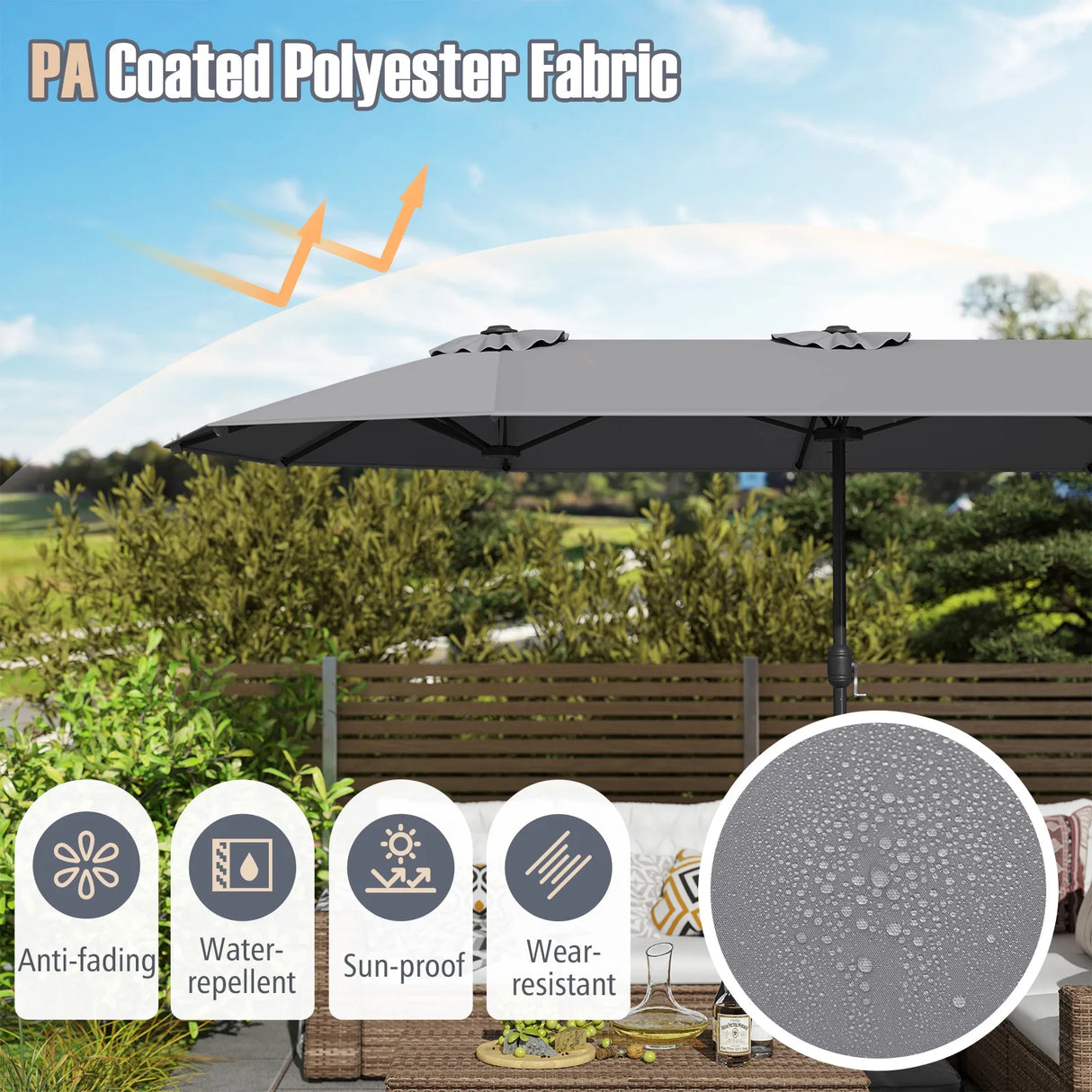 Extra Large Double-Sided Patio Umbrella Twin with Fillable Base and Crank Handle-Grey