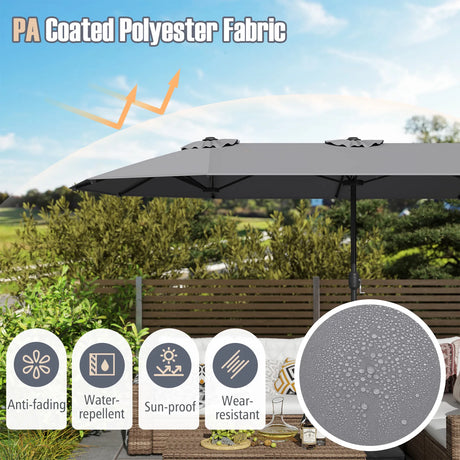 Extra Large Double-Sided Patio Umbrella Twin with Fillable Base and Crank Handle-Grey