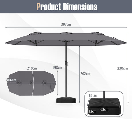 Extra Large Double-Sided Patio Umbrella Twin with Fillable Base and Crank Handle-Grey