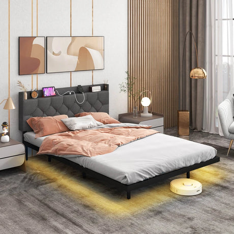Double/King Size Floating Bed Frame with Adjustable Headboard and Charging Station-Grey-Double Size