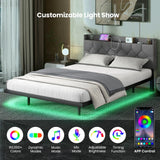 Double/King Size Floating Bed Frame with Adjustable Headboard and Charging Station-Grey-Double Size