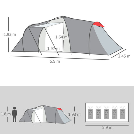 Outsunny Four-Man Tunnel Tent, with Two Bedrooms and Living Room - Grey/Red