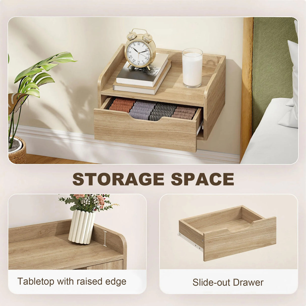 HOMCOM Floating Nightstands Set of 2, Wall Mounted Bedside Table with Drawer for Bedroom, Natural Wood