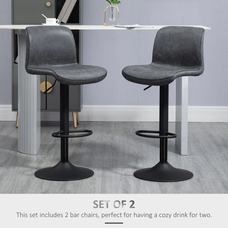 HOMCOM Set of 2 Bar Stool, Adjustable Height PU Leather Barstools with Swivel Seat and Footrest for Breakfast Bar, Kitchen and Home, Dark Grey