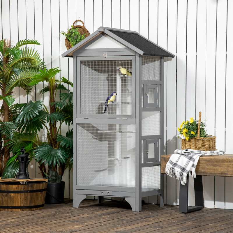 PawHut Wooden Outdoor Bird Cage, for Finches and Canaries, with Removable Tray, Asphalt Roof - Grey