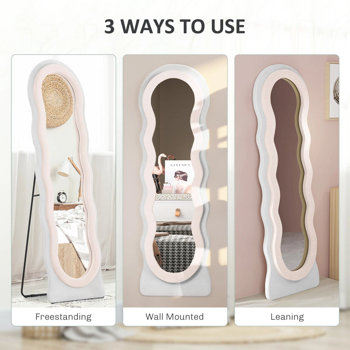 HOMCOM Wavy Velvet-Feel Full Length Mirror - Pink