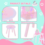 HOMCOM Kids Dressing Table Girls Pink Wooden Kids Dressing Table & Stool Make Up Desk Chair Toys Fairy Dresser Play Set w/Mirror