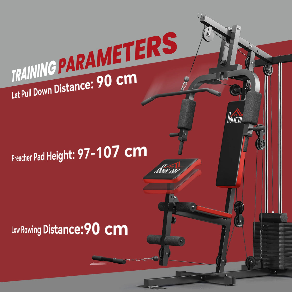 HOMCOM Multigym Station, with 66KG Weight Stack, for Strength Training - Red & Black