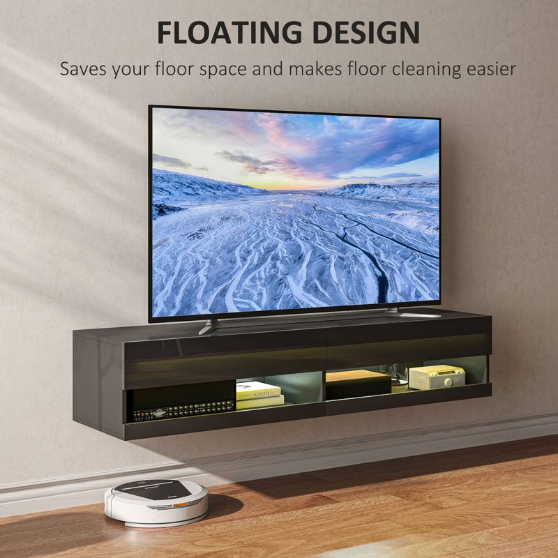 HOMCOM Floating TV Unit, Wall Mounted TV Cabinet for TVs up to 65", High Gloss Media Wall Unit with LED Lights, Storage Shelves for Living Entertainment Room, Black