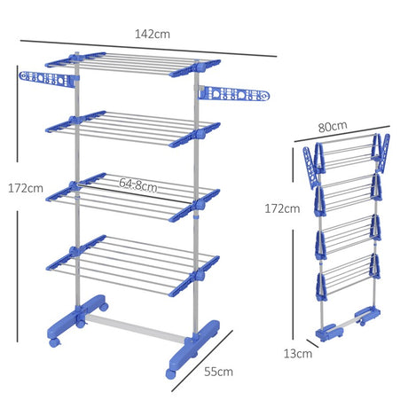 HOMCOM Four-Shelf Collapsing Clothes Horse, With Side Arms and Wheels - Blue