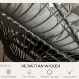 Outsunny Outdoor PE Rattan Swing Chair with Foldable Basket and Cushion, Garden Patio Hanging Egg Chair with Metal Stand, Headrest for Indoor and Outdoor, Light Grey