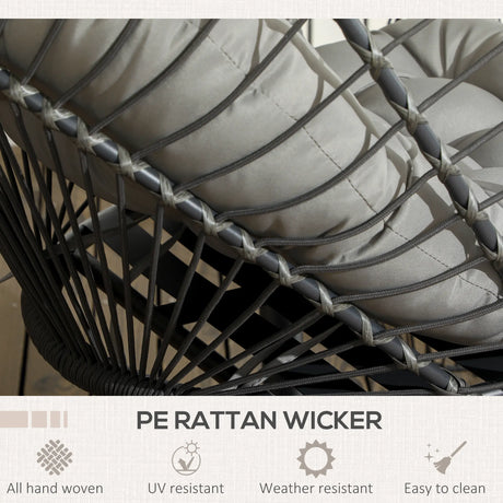 Outsunny Outdoor PE Rattan Swing Chair with Foldable Basket and Cushion, Garden Patio Hanging Egg Chair with Metal Stand, Headrest for Indoor and Outdoor, Light Grey