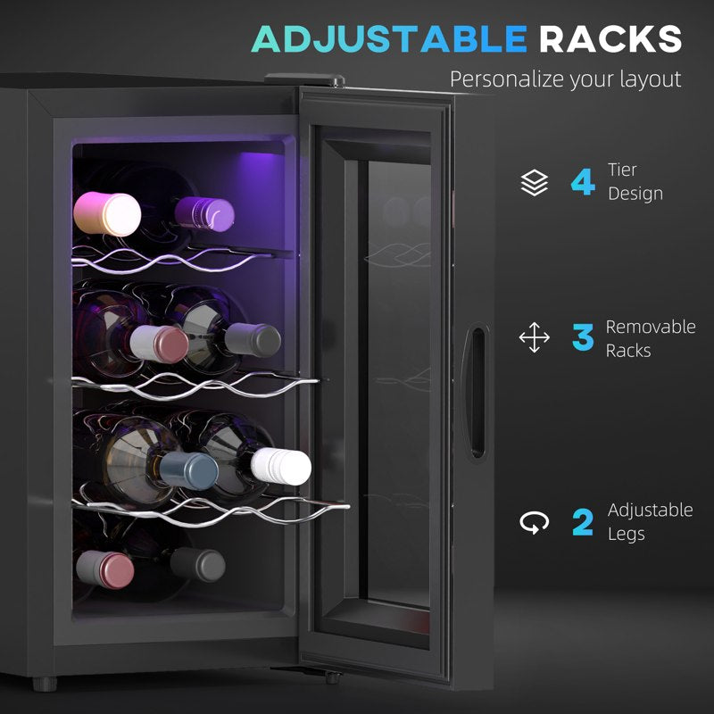 HOMCOM Mini Table Top Wine Fridge, 8 Bottle, 17L, 8-18, 26.5cm Quiet Under Counter Wine Cooler Fridge with Glass Door, LED Light, Digital Touch Screen, Temperature Control