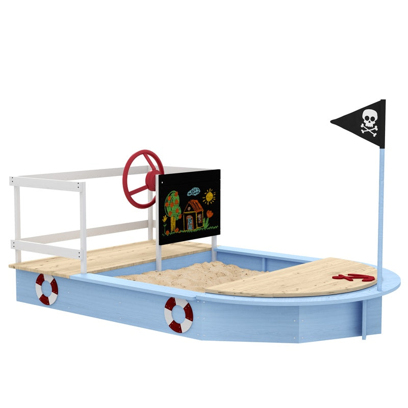 Outsunny Wooden Kids Sandbox, Pirate Ship Design - Blue