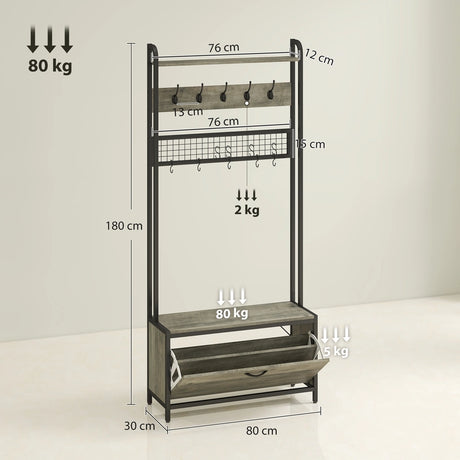 HOMCOM 5-In-1 Industrial-Style Hallway Tree - Grey/Black