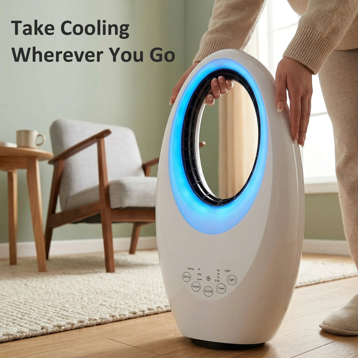 HOMCOM Bladeless Tower Fan, 36dB Standing Cooling Fan with 60 Oscillating, LED Lights, 3 Speeds, 7.5H Timer, Remote Control