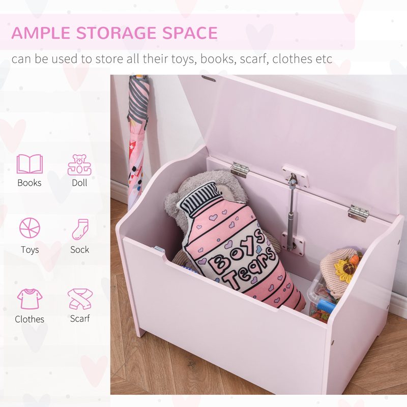 HOMCOM Wooden Kids Toy Box Children Storage Organizer Chest Safety Hinge Playroom Furniture Pink