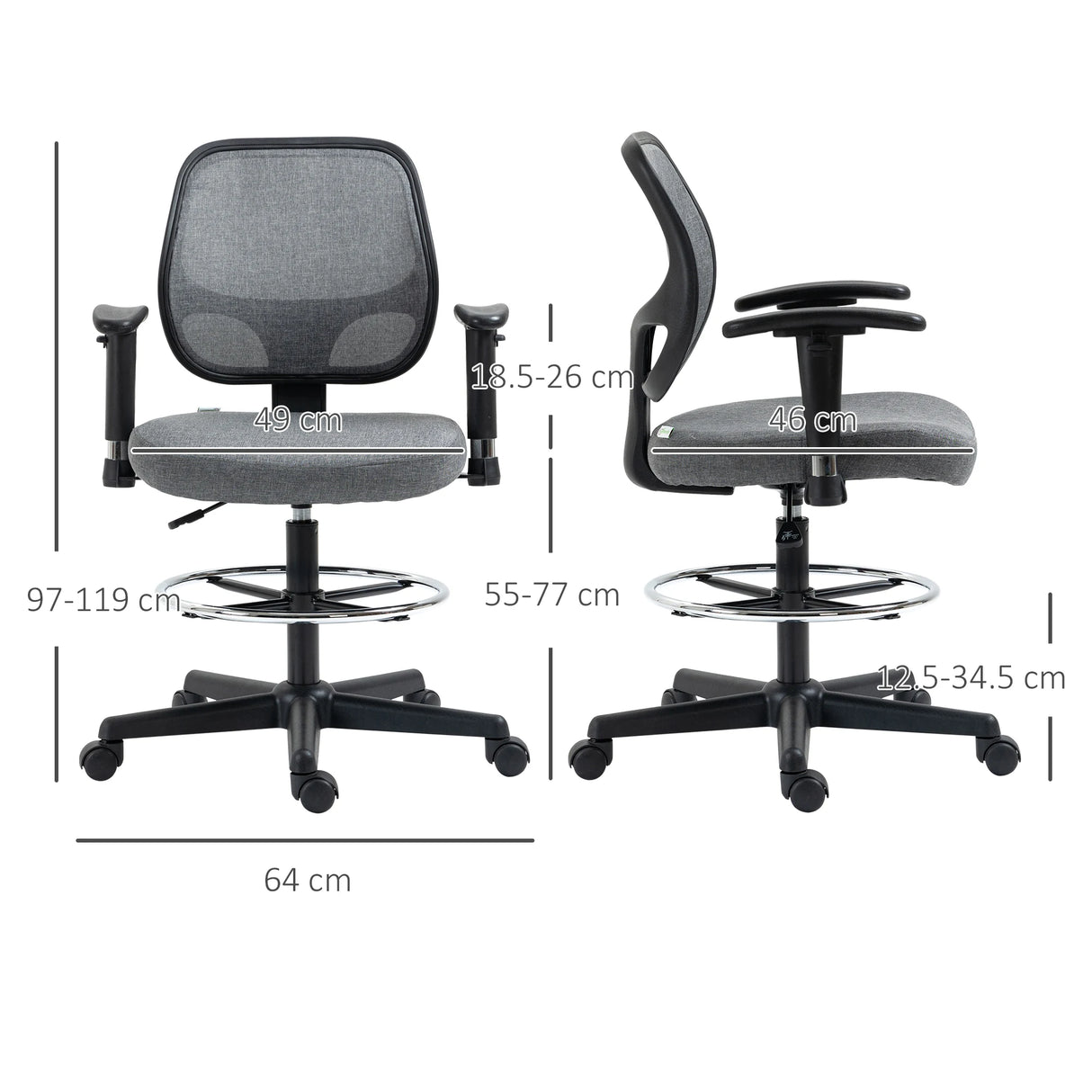 Vinsetto Drafting Chair, Fabric Office Chair, Ergonomic Painting Chair with Height Armrest Adjustable and Foot Ring, 360 Swivel Stool Chair for Standing Desk, Grey