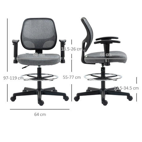 Vinsetto Drafting Chair, Fabric Office Chair, Ergonomic Painting Chair with Height Armrest Adjustable and Foot Ring, 360 Swivel Stool Chair for Standing Desk, Grey