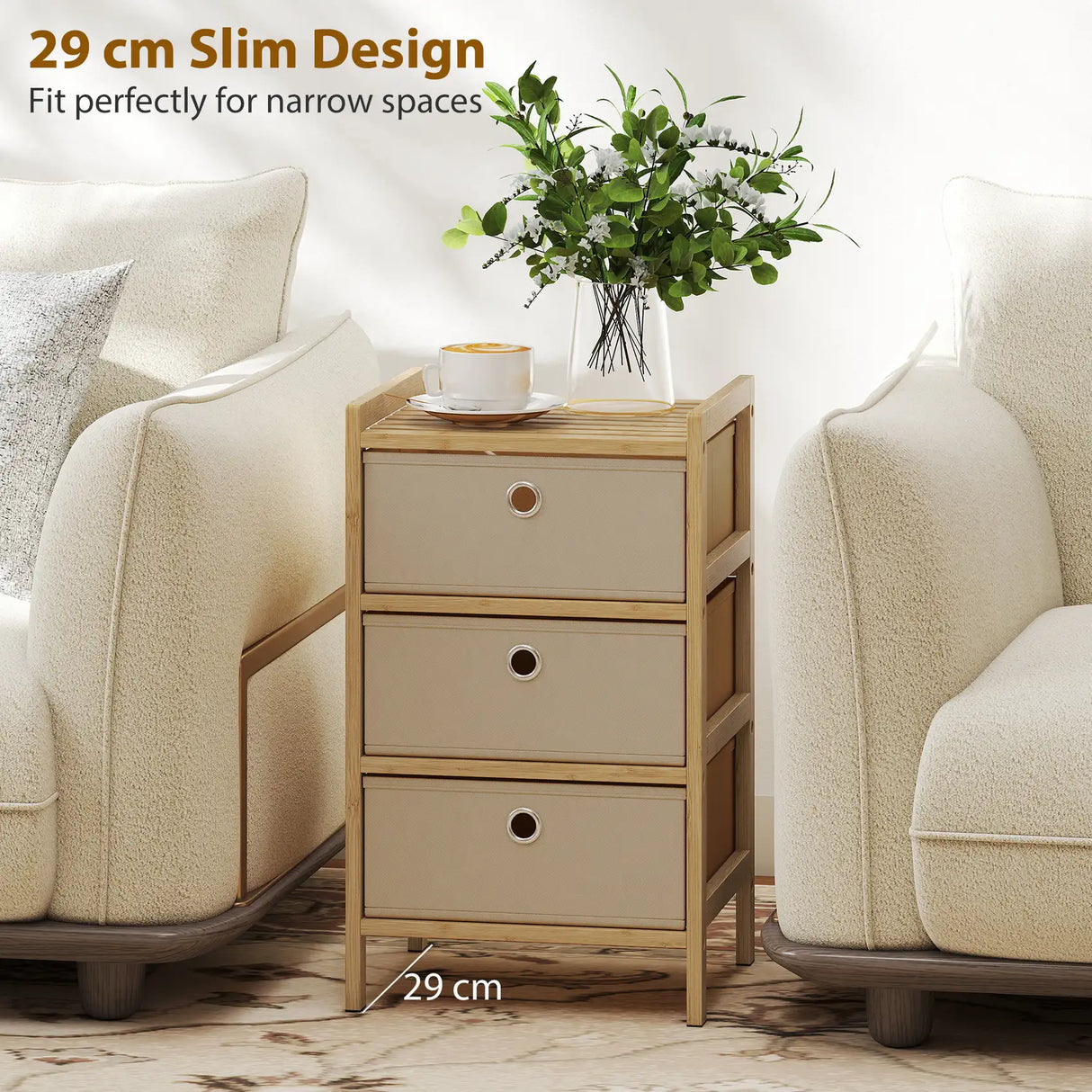 HOMCOM Chest of Drawers, 3 Fabric Drawers Narrow Dresser with Bamboo Frame, Cream White