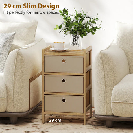 HOMCOM Chest of Drawers, 3 Fabric Drawers Narrow Dresser with Bamboo Frame, Cream White
