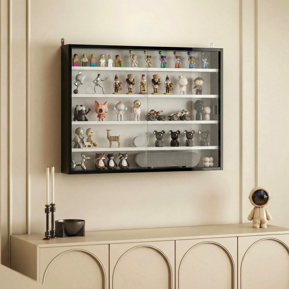 HOMCOM 5-Tier Wall Display Cabinet,  Wall Mounted Display Case w/ 4 Adjustable Shelves, Glass Doors, 60x80cm, Black and White