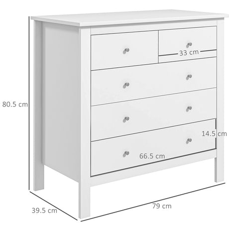 HOMCOM Modern Chest of Drawers, 5 Drawer Storage Cabinet with Metal Handles and Runners for Bedroom, White