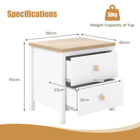 2-Drawer Nightstand with Rubber Wood Legs-White