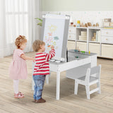 2-in-1 Kids Wooden Art Table and Art Easel Set with Chairs Storage Bins Paper Roll-Gray