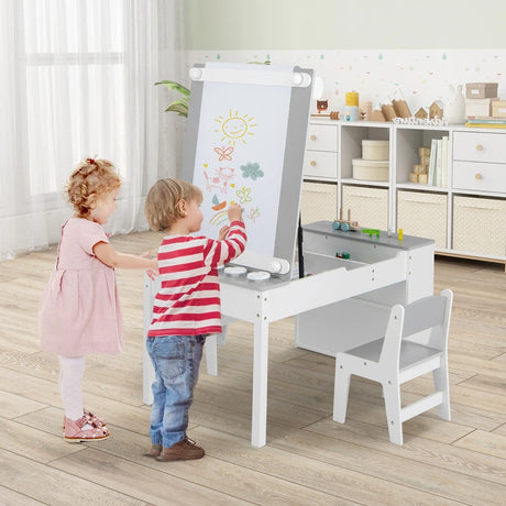 2-in-1 Kids Wooden Art Table and Art Easel Set with Chairs Storage Bins Paper Roll-Gray