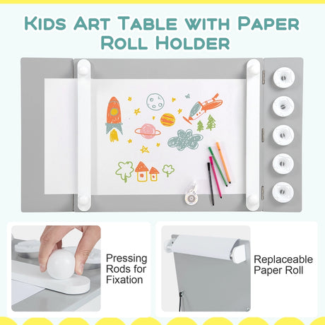 2-in-1 Kids Wooden Art Table and Art Easel Set with Chairs Storage Bins Paper Roll-Gray