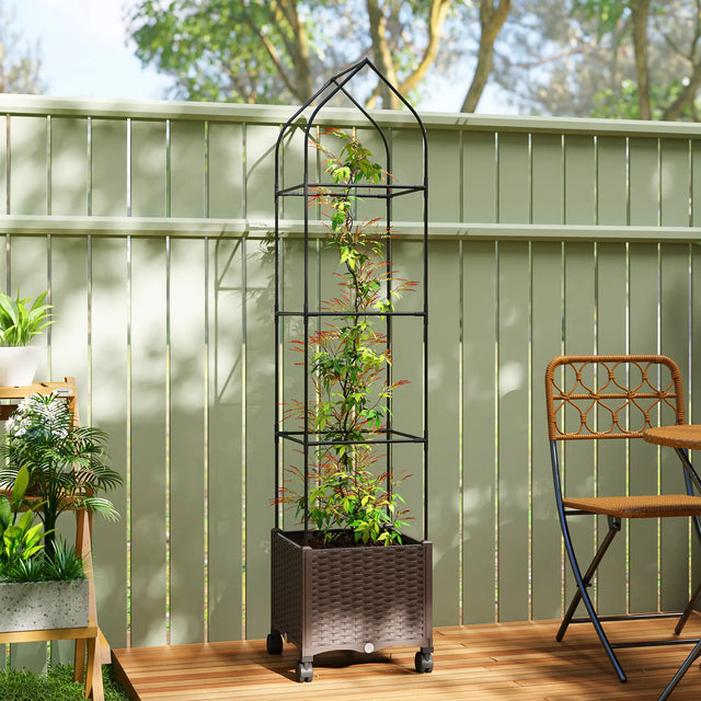 Outsunny Raised Garden Bed with Trellis, Tomato Cage with Lockable Wheels, Self Watering Planter Box with Drainage Holes, Brown