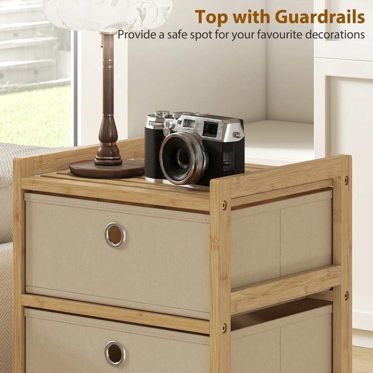 HOMCOM Chest of Drawers, 3 Fabric Drawers Narrow Dresser with Bamboo Frame, Cream White