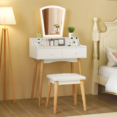 Dressing Table and Chair Set with 3 Lighting Modes and Natural Pine Wood Legs-White