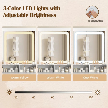Dressing Table and Chair Set with 3 Lighting Modes and Adjustable Brightness-White