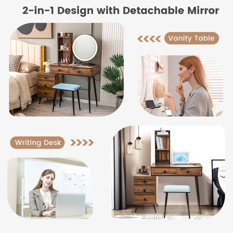Vanity Table Set with 3-Colour Round Mirror and Charging Station-Brown