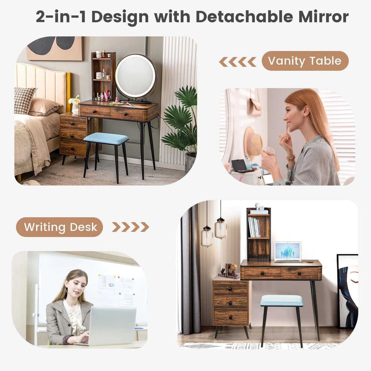 Vanity Table Set with 3-Colour Round Mirror and Charging Station-Brown