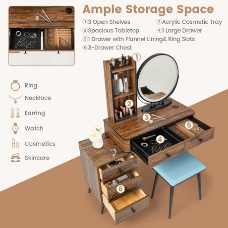 Vanity Table Set with 3-Colour Round Mirror and Charging Station-Brown